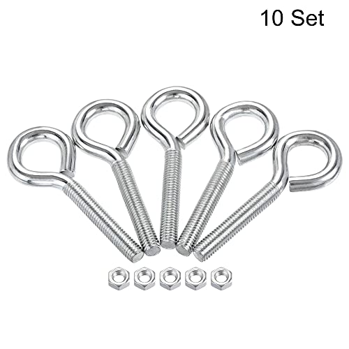 Image of uxcell M8x50mm Eye Hooks Screws Bolts Kit, 10pcs Carbon Steel Hanger Eyelet Hooks Screw with Hex Nuts for Metal Hook, Wood Terminal Ring Hooks