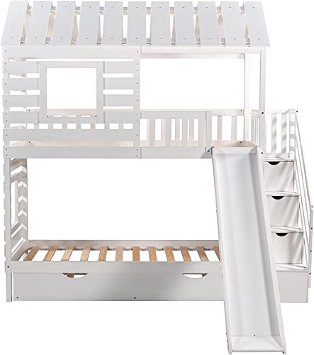 Meritline House Bunk Beds Twin Over Twin With Slide, Twin Bunk Bed With Storage Stairs And Trundle, Wood Kids Bunk Bed With Roof And Window Design For Girls, Boys,White #TOP4
