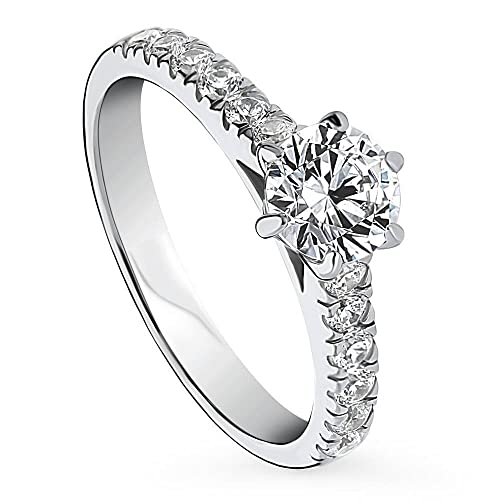 BERRICLE Sterling Silver Solitaire Wedding Engagement Rings 0.8 Carat Round Cut Cubic Zirconia CZ Promise Ring for Women, Rhodium Plated