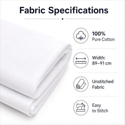 Image of White Pure Cotton Shirt Fabric for Men | Unstitched Shirting Cloth Material | White Shirt Piece Cloth | Tailoring Fabric | 2.25 Meter | 89 cm Width
