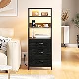 Furnulem Night Stand, Tall Nightstand with 4-Tier Shelves and 3 Fabric Drawers, LED Bed Side Tables with Charging Station, Bedside Table for Bedroom, Hallway, Home Office, Black Oak