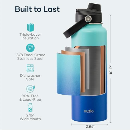 Image of BUZIO Triple Wall Vacuum Water Bottle with Dust-Proof Straw & Spout Lids