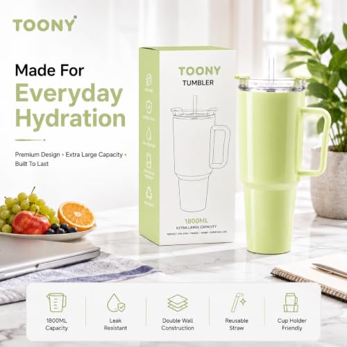 Image of 1800ML Large Plastic Tumbler with Handle & Straw | BPA-Free Reusable Water Bottle with Flip Lid | Leakproof Travel Mug for Gym, Office, College, Car, Outdoor & Daily Hydration Needs. (Mint Green)