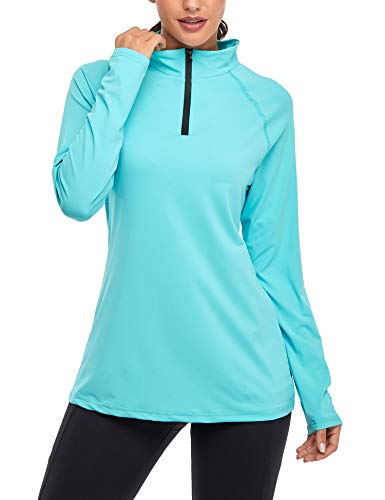 Cestyle Moisture Wicking Shirts, Women 1/4 Zip Pullover Spf 50+ Long Sleeve Blouses Tops Loose Fit Sun Protection Gym Fitness Running Cooling Workout Clothes Light Blue Xx-Large #TOP3