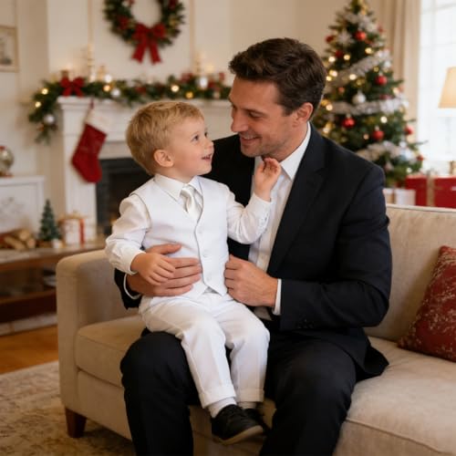 Image of Baby Boy Formal Suit for Toddler Infant Tuxedo Dress Suits | Little Gentleman, Wedding Ring Bearer Outfit, Vest Pants Long-Sleeve Shirt Tie, Birthday Party Christmas Prom, Classic
