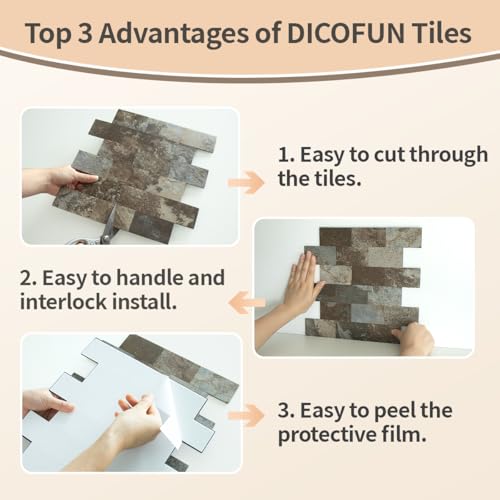DICOFUN 10-Sheet Beige Brown Slate Thick PVC Peel and Stick Backsplash Wall Tiles, 12"x12" Self Adhesive Subway Tile for Kitchen and Bathroom Backsplash by DICOFUN - Used condition - Image 8