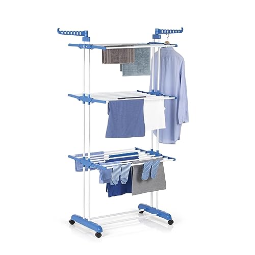 EASYmaxx Torre de lavandería | Tendedero con Ruedas, 16 m de Longitud de Secado y 3 estantes | 2 alas Laterales para 14 Perchas | Secado Interior y Exterior sin Electricidad | Abierto 126x63x172cm