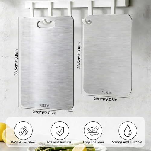 Funnity 2 Stücke Titan Schneidebrett, S316 Schneidebrett Edelstahl, Doppelseitiges Lebensmittel Grade Schneidbretter, Schneidebretter zum Schneiden von Fleisch, Brot, Gemüse und Obst 2