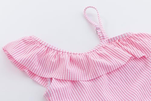 Image of LIZENS Girls One Piece Swimsuit, One Shoulder Ruffled Hem Bathing Suit Swimwear for Summer, Flounce Striped Girls Bikini