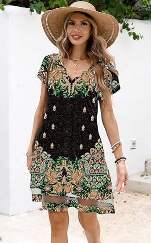 ETCYY NEW Womens Summer Dresses Mesh Hem Petal Short Sleeve Dress Floral Print Daily Sundresses with Pockets — view 3