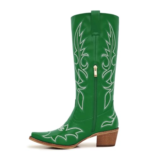 Image of Uillnoodu Women's Turquoise Cowgirl Boots - Wide Calf Mid Calf Western Boots Plus Size Embroidered Cowboy Style with Block Heel