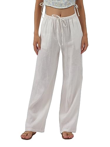 Amazhiyu Womens Pure Linen Summer Drawstring Flowy Wide Leg Pants with Pockets