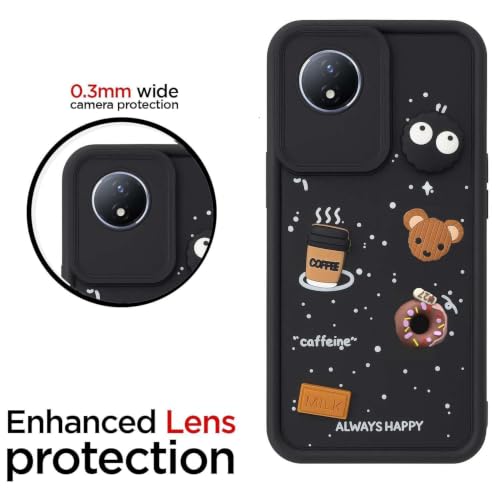 Image of Bintage Cute Fun Taddy Cartoon 3D Ball Bear Milk Donut Coffee Cup Silicon Case Full Body & Camera Protection Back Cover Compatible for Vivo Y02t - Black