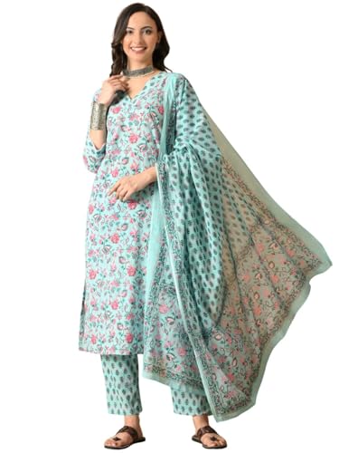 Image of Amazon Brand - Tavasya Women Cotton Anarkali Kurta Pant Dupatta Set | Printed Ethnic Suit Set | Flared Anarkali Kurta with Pant & Dupatta | Festive & Casual Wear
