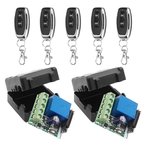 433Mhz Wireless Remote Control Switch DC 12V 1CH RF Relay Receiver Module with Transmitter, Long Range for Garage Door Opener (2Receiver+5Remote Controls)