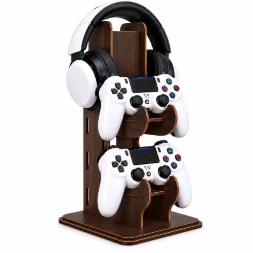 FA6 Gaming Controller Stand for 2 Controllers & Headphone, Wooden MDF Gamepad Holder, 11 x 6 x 6 Inch Gaming Accessories Organizer for PS5, PS4, Xbox & PC Setup