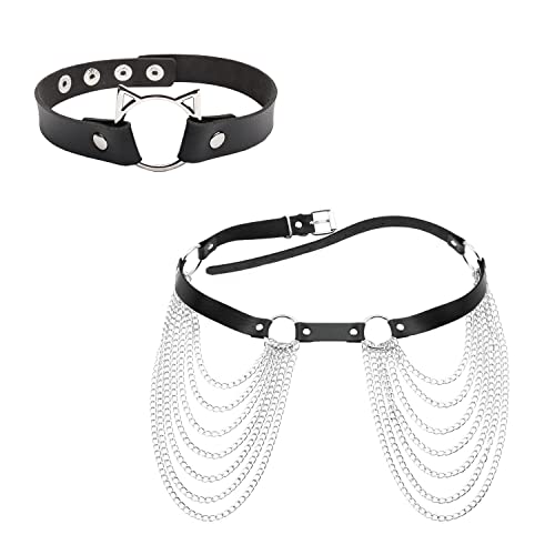 1 cadena de cintura punk con 1 gargantilla punk, cadena de cintura sexy de estilo punk, accesorios de cuero de estilo gótico, apto para decoración diaria, fiesta temática Cover