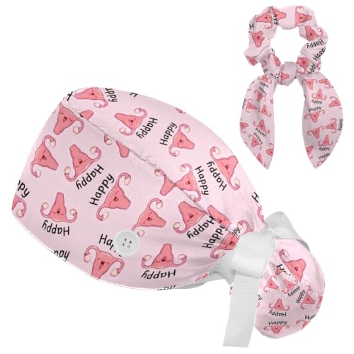 Image of Butterfly Scrub Cap Women with Ponytail & Buttons Adjustable Surgical Nurse Hat with Cotton Sweatband for Long Hair
