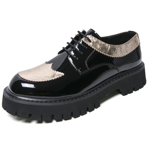 Image of Men's Patent Leather Platform Wingtip Oxford Shoes with Rivets Round Toe Lace Up Lug Sole Brogue Dress Shoes Comfortable Business Work Causal Derby Oxfords
