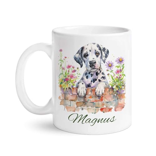 Customized Dalmatian Dog Coffee Mug With Floral And Brick Wall, P...