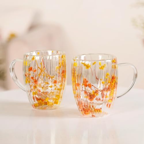 Image of Nestasia Double Wall Glass Mug with Dried Flowers Set of 2 (350ml Each) - Transparent Borosilicate Floral Glass Tea Cups | Lightweight & Durable Coffee Mugs - Perfect for Gifting (Yellow & Orange)