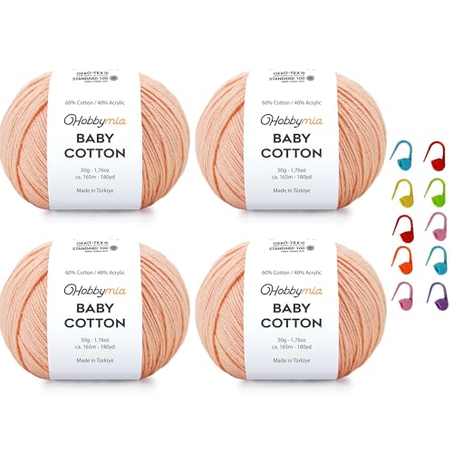 Image of Baby Cotton Blend Yarn - Soft Sport Weight Yarn for Crochet & Amigurumi - 50g /180yds - 60% Cotton 40% Acrylic - Ideal for Baby & Knitting Proj. & 10 Stitch Markers(Himalayan Salt, 4 Balls)
