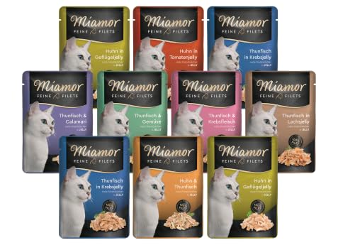 Miamor Feine Filets in Jelly 10 x 100g | Getreidefrei Fettarm Ohne Zucker & Nebenerzeugnisse Hochwertige Filetstückchen | im Frischebeutel | Nassfutter für Katzen | Garantierter 5-Sorten-Mix