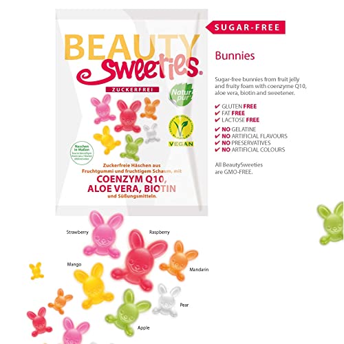 BeautySweeties Zuckerfreie Häschen 125 g | Fruchtig-süße, zuckerfreie & vegane Fruchtgummi-Häschen | Mit Coenzym Q1, Aloe Vera und Biotin | 1 x 125 g Beutel