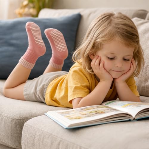 Image of Toddler Non Slip Cotton Crew Socks with Grips for Baby Boys Girls