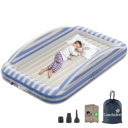 Luxchoice Reisebett Kinder-Kinderbett mit Elektrischer Luftpumpe-Aufblasbares Kinderbett mit Erhöhten Sicherheitsrändern Weiche Beflockte Oberfläche Tragbar für Reisen Übernachtungen Zuhause