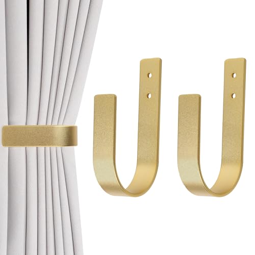 OCIOLI 2 Pack Curtain Tie Backs & Holdbacks - Solid Aluminum U-Shaped Wall Mounted Drapery Hooks Holder, Modern Durable Curtain Tiebacks for Living Room Bedroom Curtains & Draperies (2, Gold)