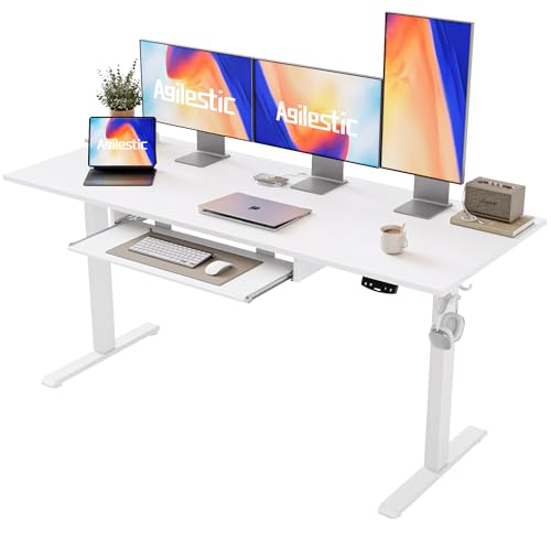 Image of Agilestic Height Adjustable Desk with Keyboard Tray, 63 x 24 Inches Electric Standing Desk, Stand up Computer Table with Memory Preset, Modern Lift Motorized Gaming Workstation, White