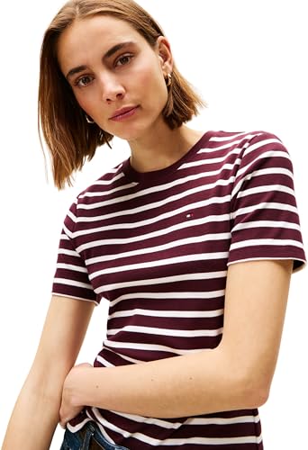 Tommy Hilfiger Damen T-Shirt Kurzarm Slim Cody Rundhalsausschnitt, Mehrfarbig (Deep Burgundy/Ecru STP), XS – Ansicht 4