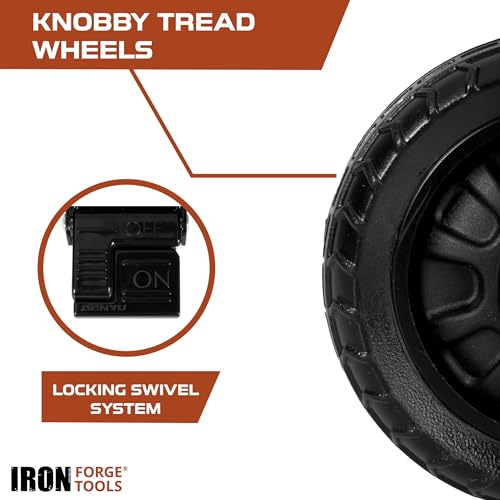Image of Iron Forge Tools Heavy Duty Swivel Knobby Casters Set of 4, 6 inch Height, 5 inch Diameter, Solid PU Knobby Tread Heavy Duty Wheels, Swiveling Bases, Two Casters with Brakes, Two Without, Black & Black