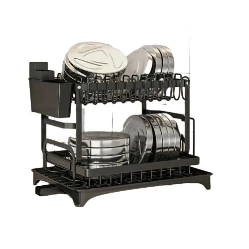 黒2段水切りラック 食器乾燥カップ収納 キッチンカウンタートップ用 炭素鋼製 360°調整可能水流 簡単組立 コンパクト ブラック/ホワイト選択可能 調理台収納オーガナイザー