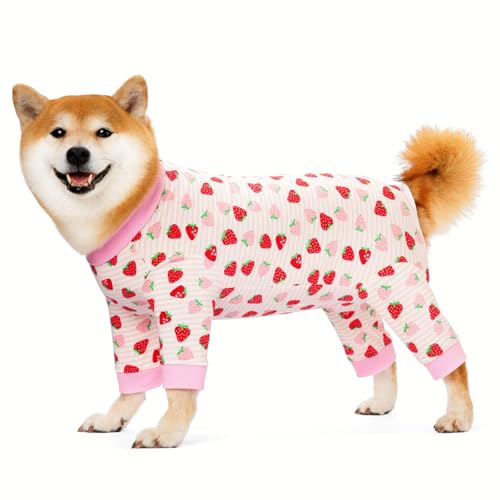 Image of Recovery Suit for Dogs Full Zipper, Four-Legged Onesie Dog Recovery Suit After Surgery Cute Soft Bodysuit Cone Alternative Male Female Neuter Anti Licking Wounds (Pink Strawberry, X-Large)