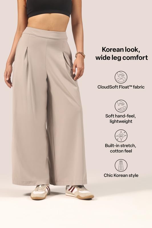 Image of BlissClub Womens Cloud Box Pleat Pants - Regular Wide-Leg Korean Style Pants Lightweight 4-Way Stretch Trousers with Deep Pockets (for Women Upto 5'4)