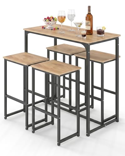Amveya Table Bar Haute avec Tabouret 4 Personnes, Ensemble Table et 4 Chaises, Meuble Bar avec Effet Grain de Bois et Cadre Noir, Multifonctionnel Applicable...