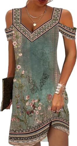 Image of Summer Dresses for Women 2026 Cold Shoulder V Neck Vintage Print A-Line Dress Beach Vacation Boho Mini Sundress