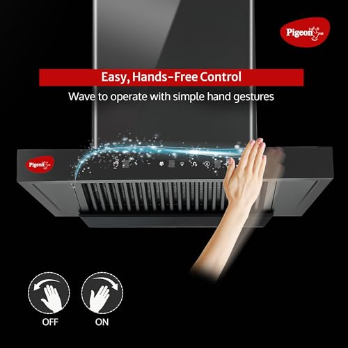 Image of Pigeon Atmos 60 cm BLDC T Shape Kitchen Chimney 1500 m3 /hr | Filterless Autoclean Kitchen Chimney | 12 Years Motor and 2 Years Comprehensive Warranty |Black | 9 Speed Touch Control + Motion Sensor