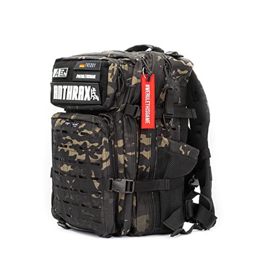 Anthrax Militär Taktischer Rucksack, Groß 45L, Outdoor Kampfrucksack zum Campen, Fitness, Crossfit, Wandern - Individueller Namen- und Flaggenklettsticker, Molle-Laserschnitt, Multi-Camouflage Cover