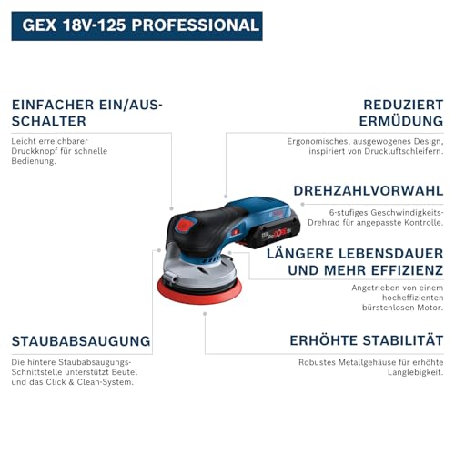 Bosch Professional 18V System Akku Exzenterschleifer GEX 18V-125 (inkl. Schleifteller (125mm), 1x Schleifpapier, Staubbeutel, L-BOXX, ohne Akku/Ladegerät)