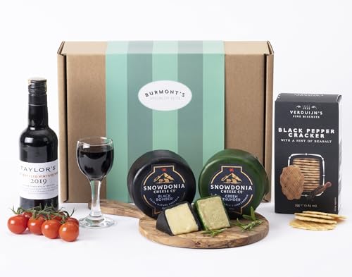 Snowdonia Cheese & Port Hamper - Taylors 2017 Vintage Port & Cartwright & Butler Wafers - Snowdonia Black Bomber Extra Mature Cheddar & Green Thunder Garlic & Herb Cheddar - Exclusive To Burmonts