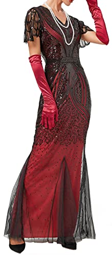 Image of Women Evening Maxi Long Dress 1920s Sequin Mermaid Hem Wedding Prom Gown Costume w / 20s Gatsby Accessories Set