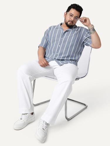 Image of Urbano Plus Men's Cotton Half Sleeve Relaxed Fit Linen Striped Shirt with Cuban Collar