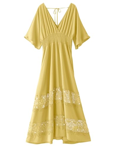 Image of Olaesa Boho Maxi Dress V Neck Short Sleeve Lace Smocked Waist Flowy Dress | Wedding Guest Dress with Pockets, Summer Bohemian Vacation Dress, Elegant Party Dress for Family photo& Baby Shower