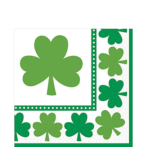 Amscan Premium White/Green St. Patrick Lucky Shamrocks Luncheon Paper Napkins - 6.5'' x 6.5'', 16 Count - Perfect Party Napkins for St. Patrick's Day Celebration & Events