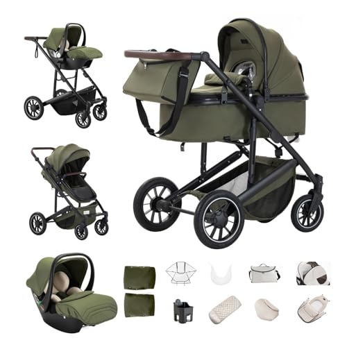 Kakbgee Kinderwagen 3 in 1, Kombi-Kinderwagen mit ECE R129-Autositz, höhenverstellbarer Griff, Buggy mit hohem Aluminiumrahmen für Neugeborene