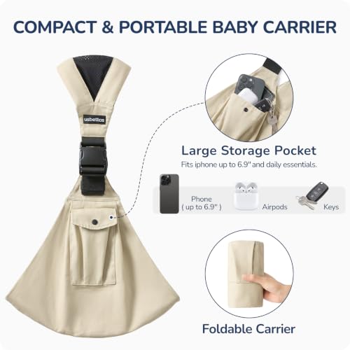 Image of Baby Sling Carrier for Toddlers 4-36 Months (8-35 lbs), Ergonomic Hip Carrier with Wide Shoulder Padding, Adjustable Waist Strap & Storage Pocket, 100% Cotton, Hands-Free & Comfortable,Beige