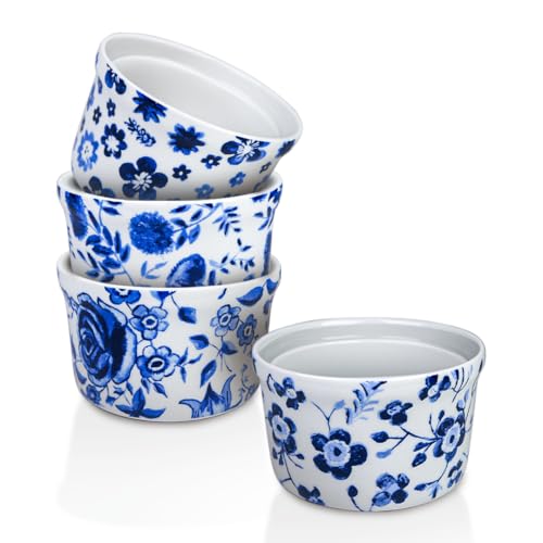 Maison Neuve 4pc Oven Safe Ramekin Set, 8 oz, Hand-Painted Blue and White Decorative Small Bowls, Ceramic Baking Dishes, Ramekins with Decal Artwork